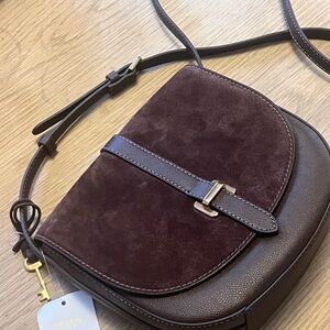 NWT Fossil Dark Brown and Gold Emery  Suede Crossbody Bag